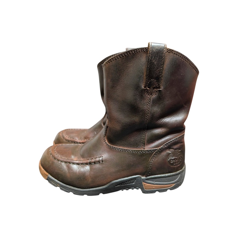 Georgia Boot Pull On Dark Brown Leather Moc Toe Slip Resistant Good Size 2M